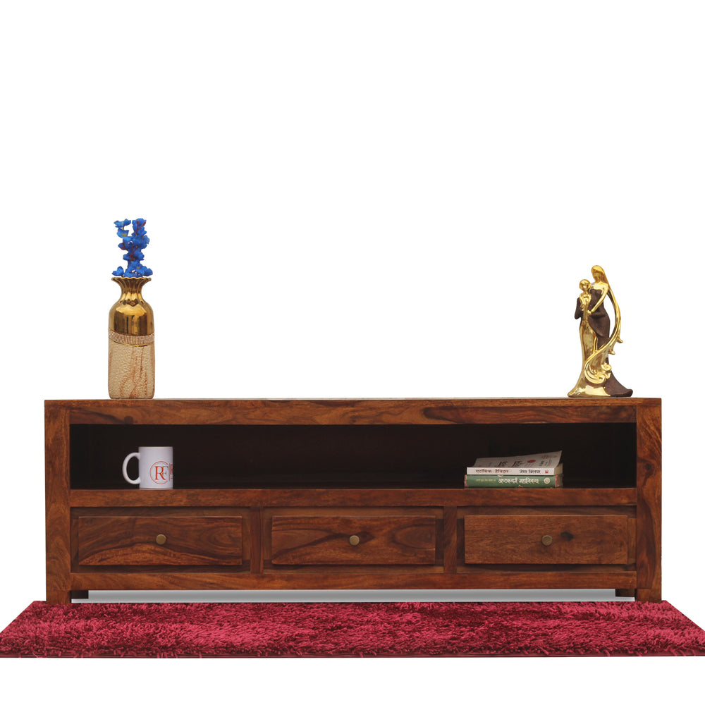 Trent Three Drawers with One Big Shelf wooden LCD cabinet in honey oak finish - Rajasthali Furniture 