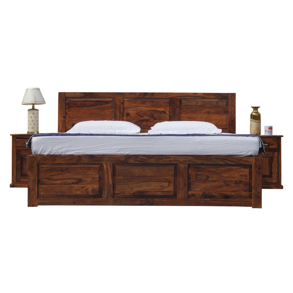 Fasica Solid Wood Double Bed with Two Bed Side with Box Storage in Honey Oak Finish - Rajasthali Furniture 