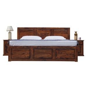 Fasica Solid Wood Double Bed with Two Bed Side with Box Storage in Honey Oak Finish - Rajasthali Furniture 
