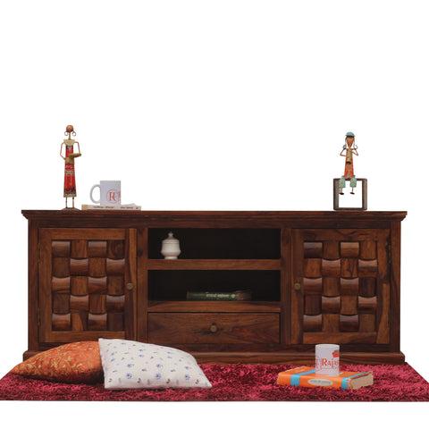 Xiomara Two Door with one center drawer wooden LCD cabinet in honey oak finish - Rajasthali Furniture 