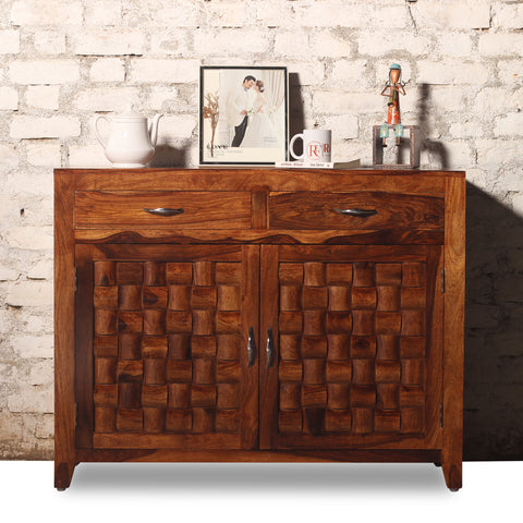 Soldi Wood Two Door and Two Drawer Niwar Sideboard in Natural Finish - Rajasthali Furniture 