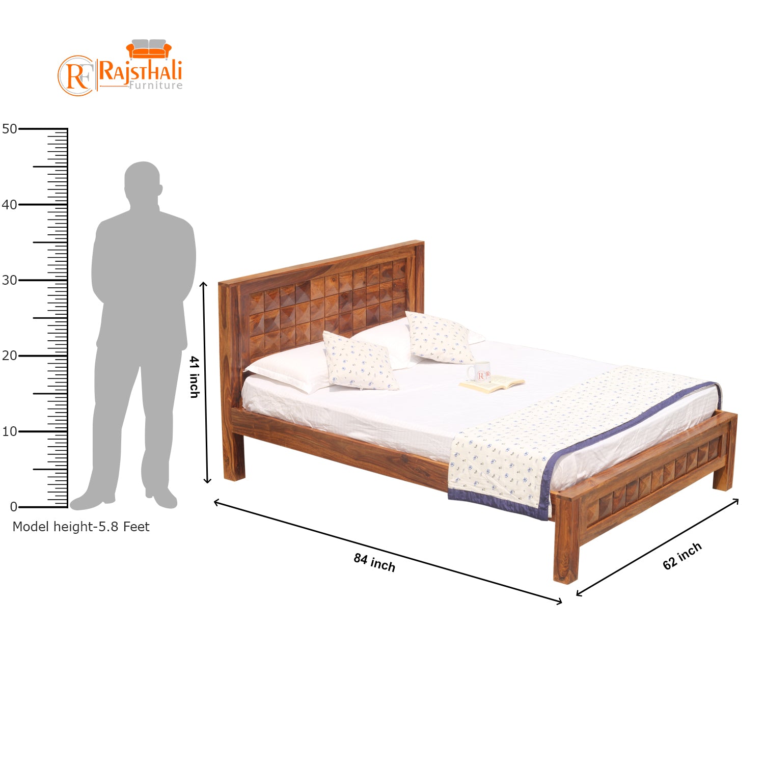 Diamond Solid Wood Double Bed Without Storage in honey Oak Finish - Rajasthali Furniture 