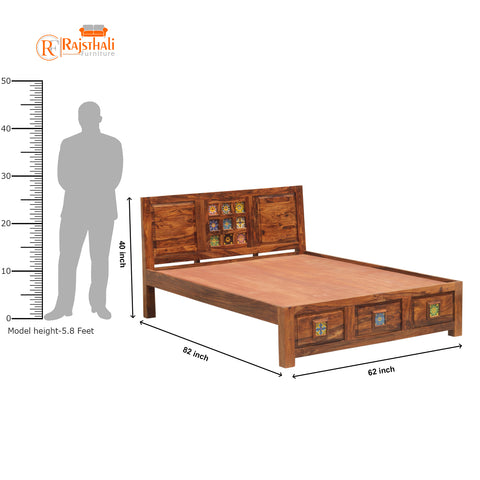 Hinton Solid Wood Double Bed Without Storage in Honey Oak Finish - Rajasthali Furniture 