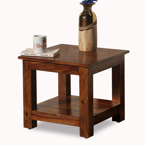 Solid Wood Floor Mounted Plain Top with wooden base Side Table in Natural Finish - Rajasthali Furniture 