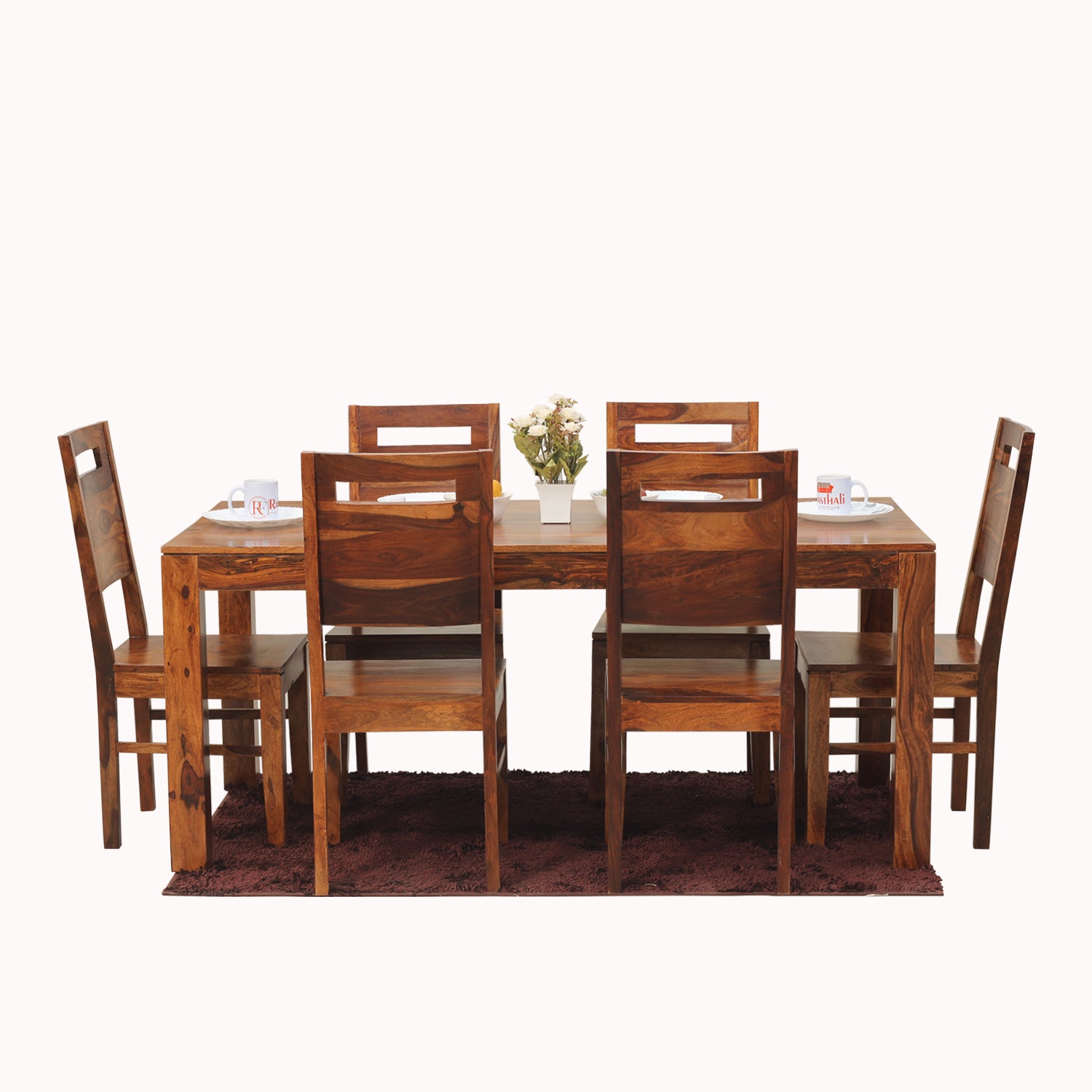 Rosa Solid Sheesham Wood Six Seat Dining Table Set in Natural Finish - Rajasthali Furniture 