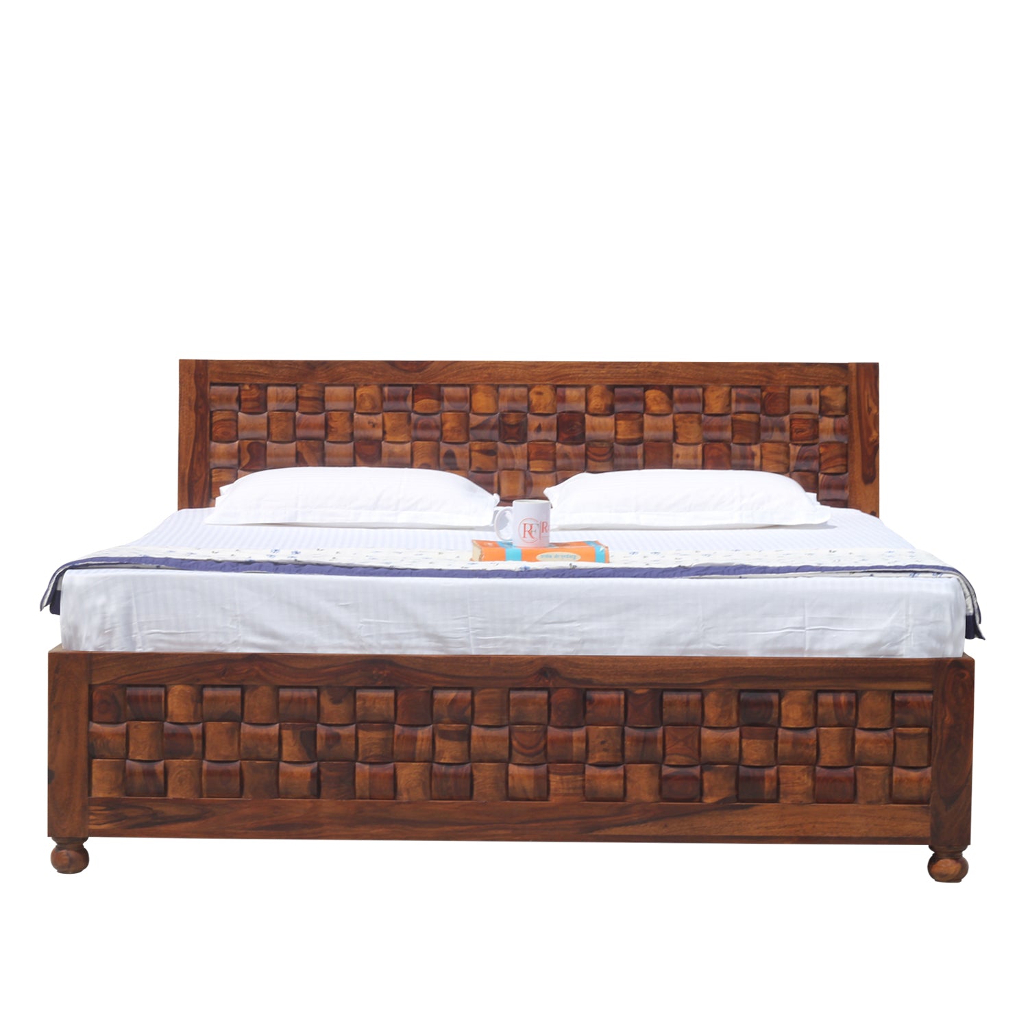 Solid Wood Niwar King Size Double Bed with Legs and Box Storage in Natural Finish - Rajasthali Furniture 