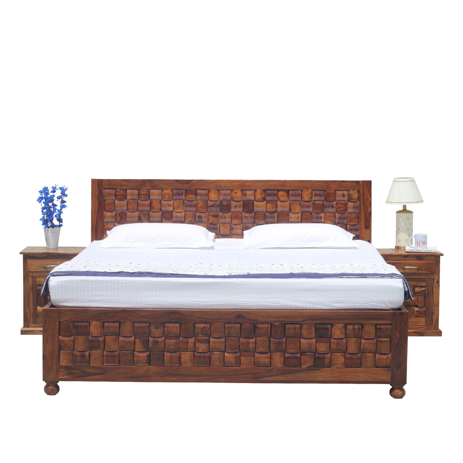 Solid Wood Niwar King Size Double Bed with Legs and Box Storage in Natural Finish With Two Bedside - Rajasthali Furniture 