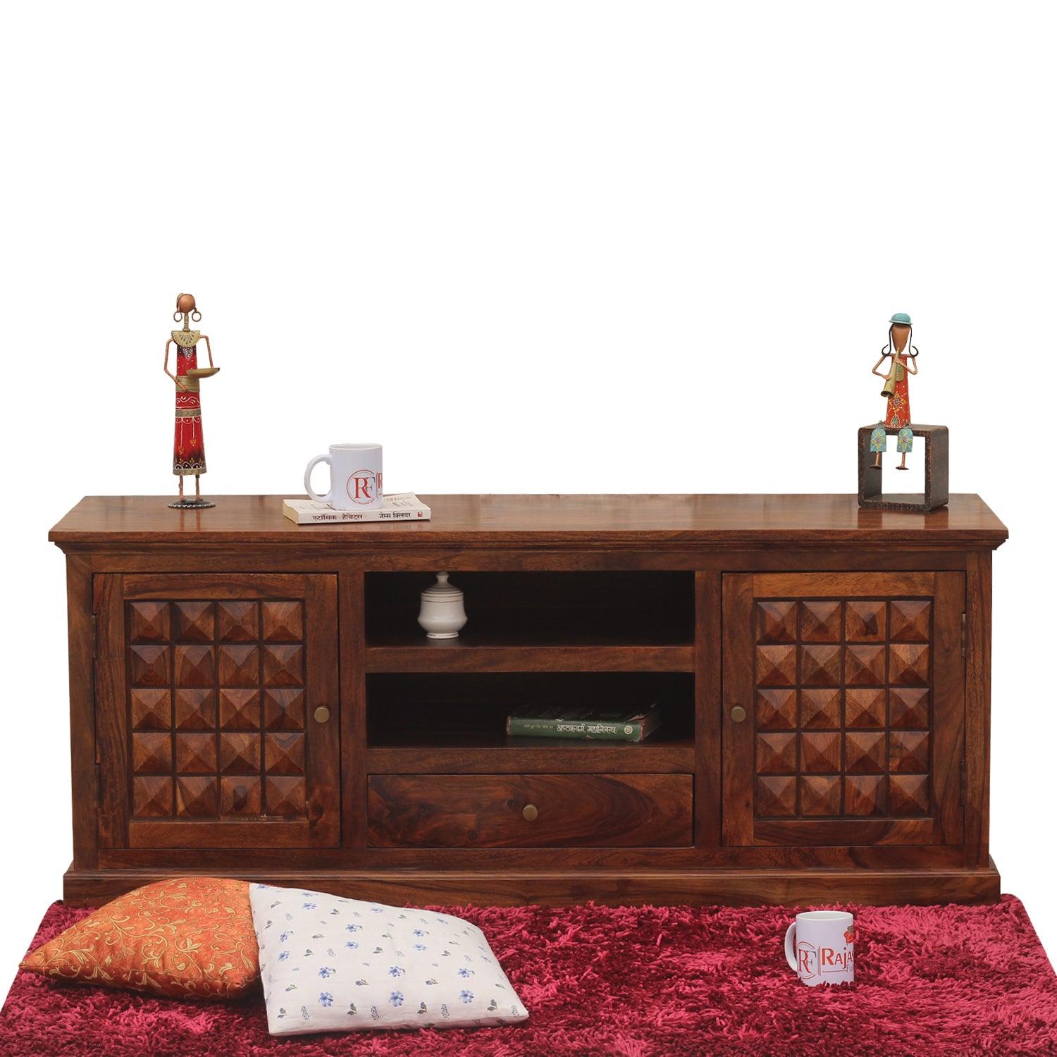 Astor Two Door with one center drawer wooden LCD cabinet in honey oak finish - Rajasthali Furniture 