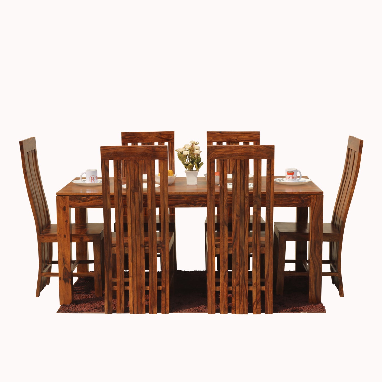 Poppy Solid Sheesham Wood Six Seat Dining Table Set in Natural Finish - Rajasthali Furniture 