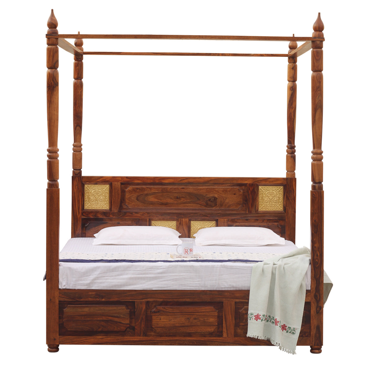 Solid Sheesham Wood King Size Four Poster Bed with Box Storage in Natural Finish