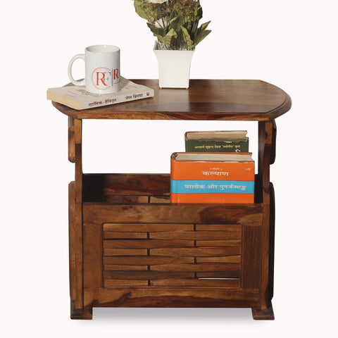 Solid Wood Niwar Magzine Stand cum Side Table in Natural Finish - Rajasthali Furniture 