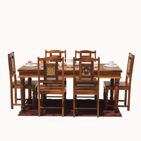 Solid Sheesham Wood Six Seat Ceramic Tile Dining Table Set in Natural Finish - Rajasthali Furniture 