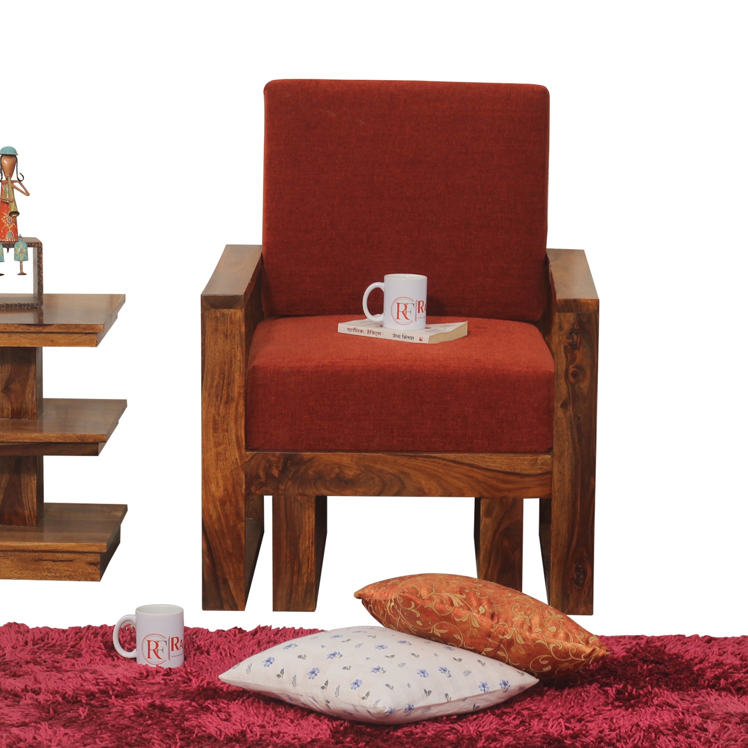 Cucus Double Leg Solid Wood Single Seat Sofa Set In Honey Oak Finished - Rajasthali Furniture 