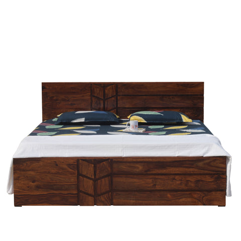 Solid Wood M Design King Size Double Bed with Box Storage in Natural Finish - Rajasthali Furniture 