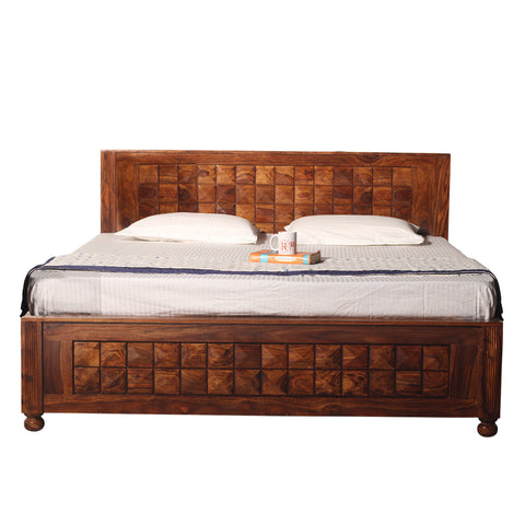 Diamond Solid Wood Double Bed With Box Storage in honey Oak Finish - Rajasthali Furniture 