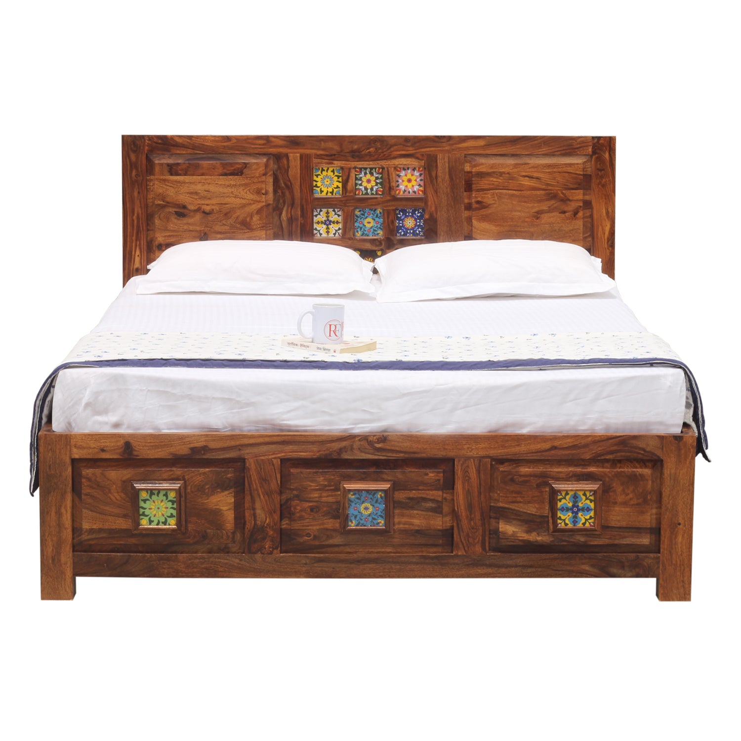 Hinton Solid Wood Double Bed Without Storage in Honey Oak Finish - Rajasthali Furniture 