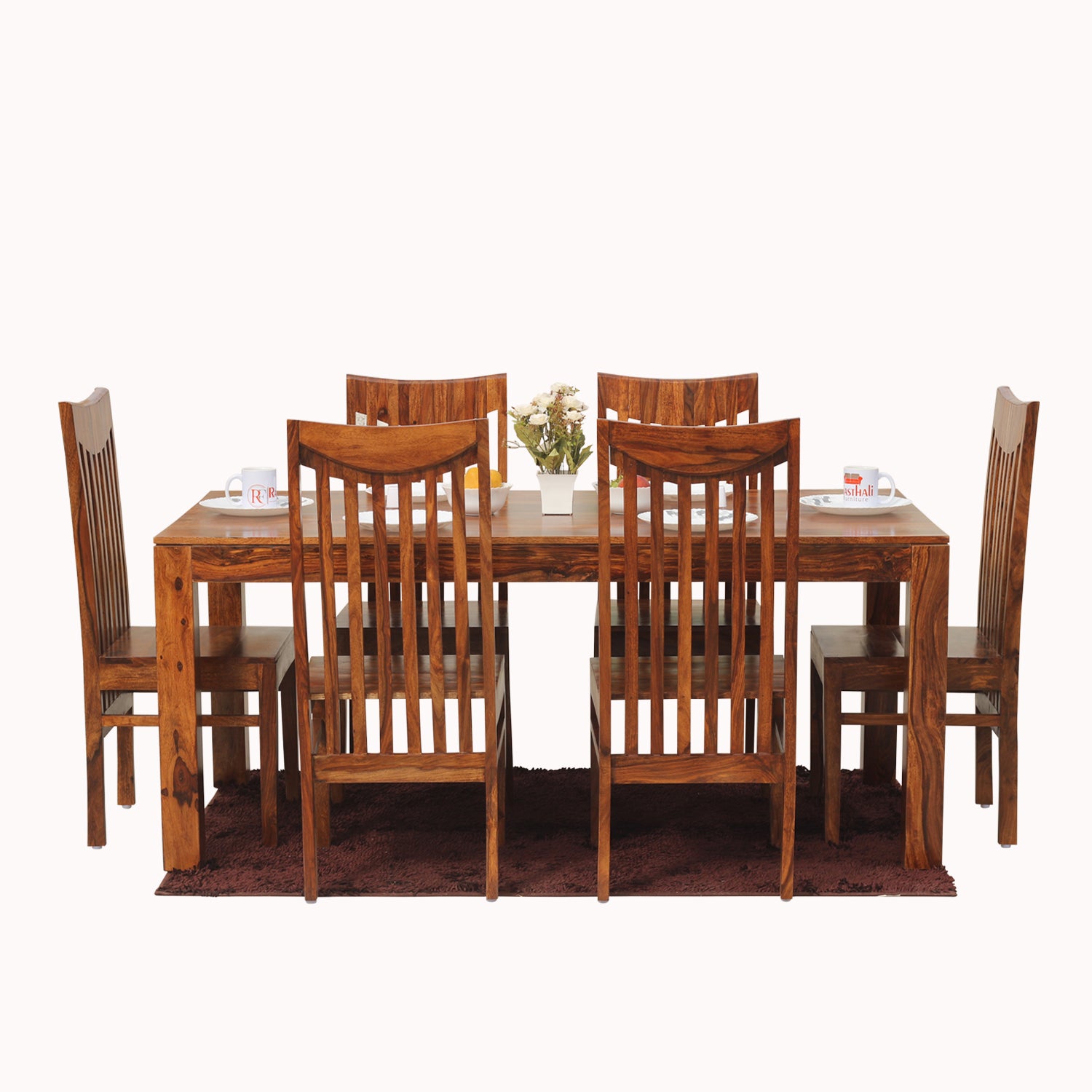 Flora Solid Sheesham Wood Six Seat Dining Table Set in Natural Finish - Rajasthali Furniture 