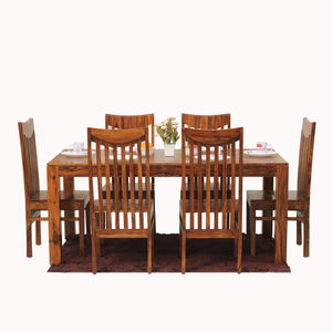 Flora Solid Sheesham Wood Six Seat Dining Table Set in Natural Finish - Rajasthali Furniture 