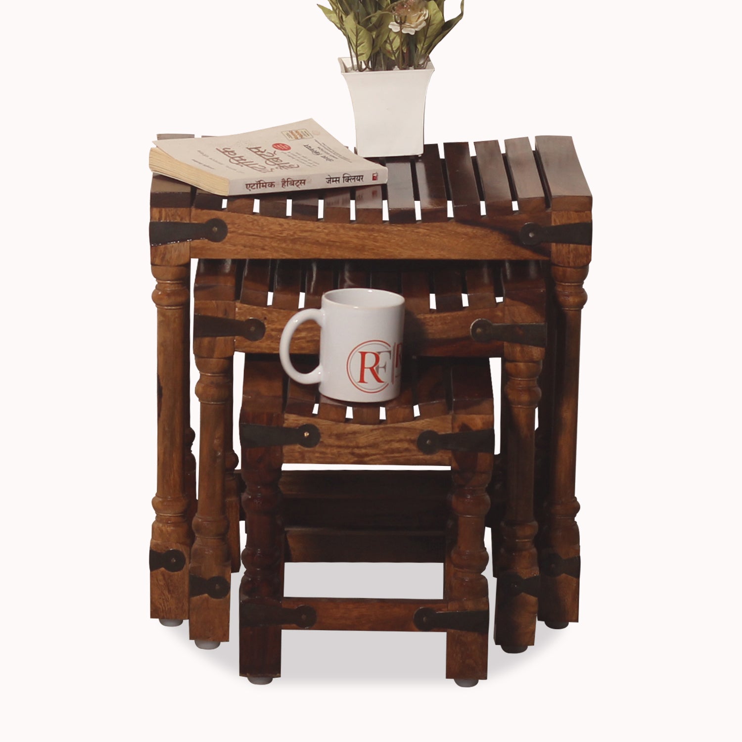 Jeco Solid Wood Stripe Top Nest of Tables Set of Three in Honey oak Finish - Rajasthali Furniture 