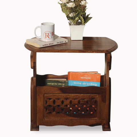 Solid Wood Star Design Magazine Stand cum Side Table in natural Finish - Rajasthali Furniture 