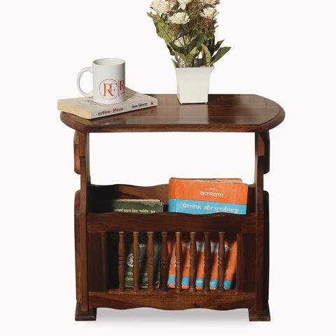 Solid Wood Gule Floor Mounted Magazine Stand cum Side Table in Natural Finish - Rajasthali Furniture 