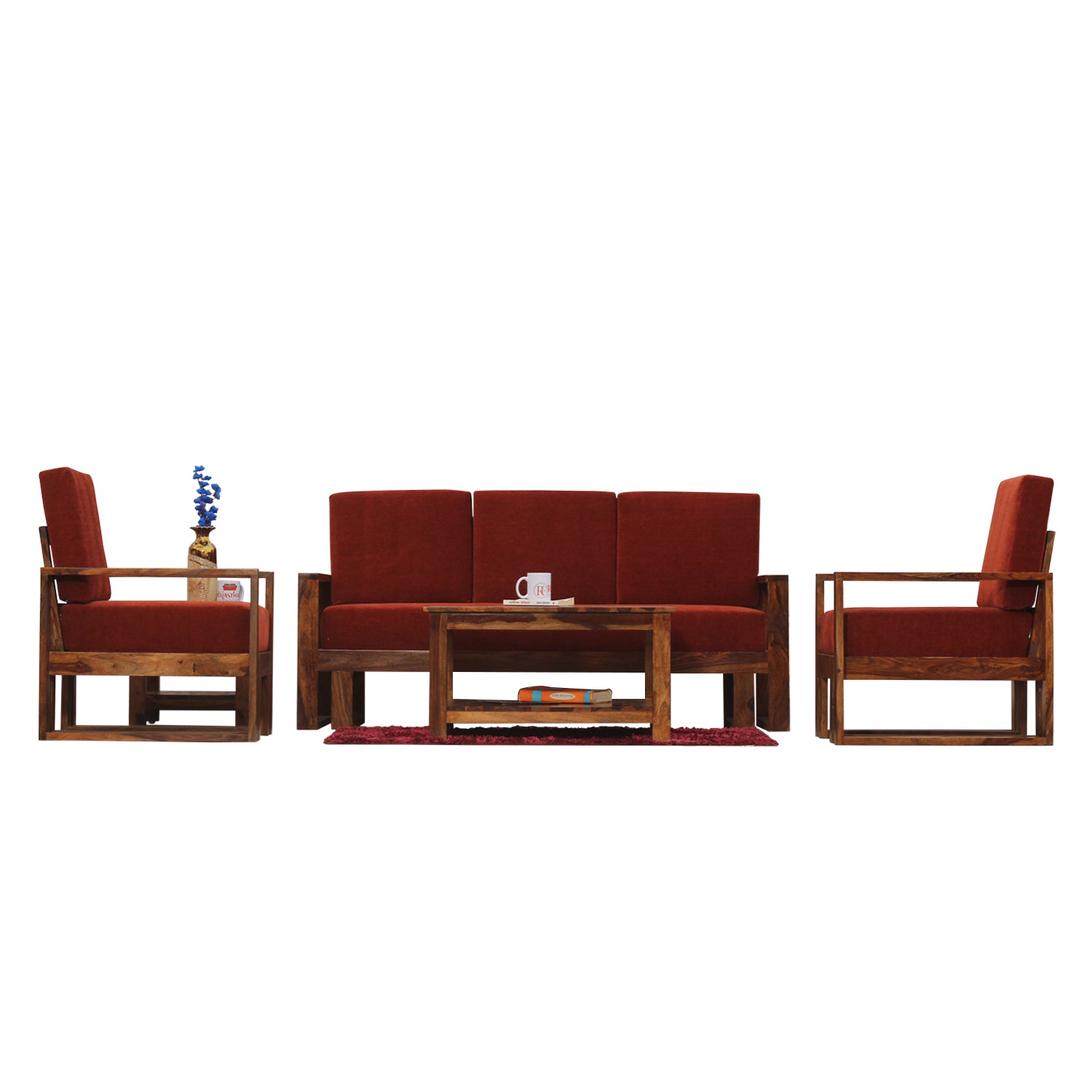 Cucus Double Leg Solid Wood Five Seat Sofa Set (3+1+1) In Honey Oak Finished - Rajasthali Furniture 