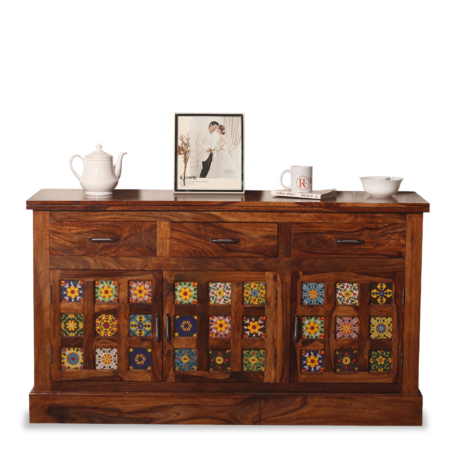 Mistana Solid Wood Three Door Three Drawer Ceramic Tile Sideboard in Natural Finish - Rajasthali Furniture 