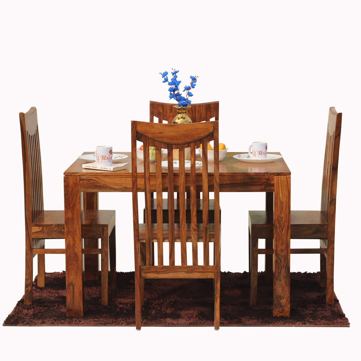 Flora Solid Sheesham Wood Four Seat Dining Table Set in Natural Finish