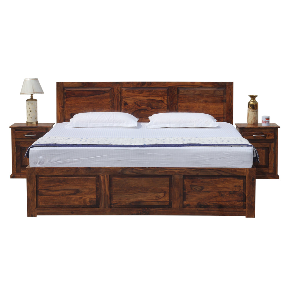 Fasica Solid Wood Double Bed with Two Bed Side with Box Storage in Honey Oak Finish - Rajasthali Furniture 
