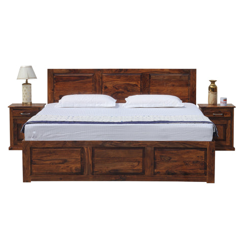 Fasica Solid Wood Double Bed with Two Bed Side with Box Storage in Honey Oak Finish