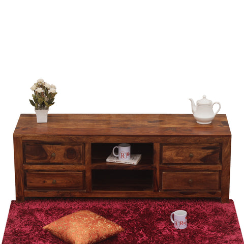 Meloni Four Drawer with One Center Shelf Wooden LCD Cabinet in Honey Oak Finish - Rajasthali Furniture 