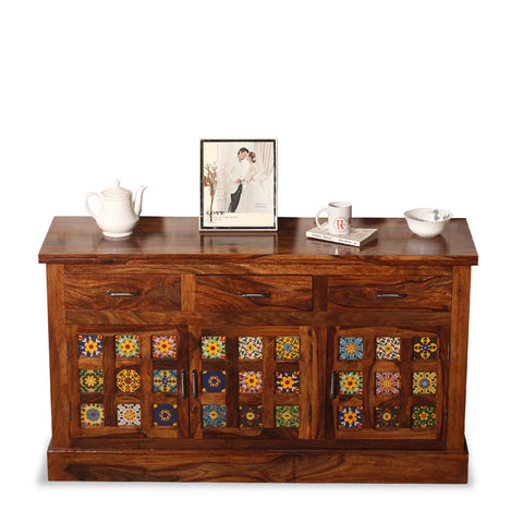 Mistana Solid Wood Three Door Three Drawer Ceramic Tile Sideboard in Natural Finish - Rajasthali Furniture 