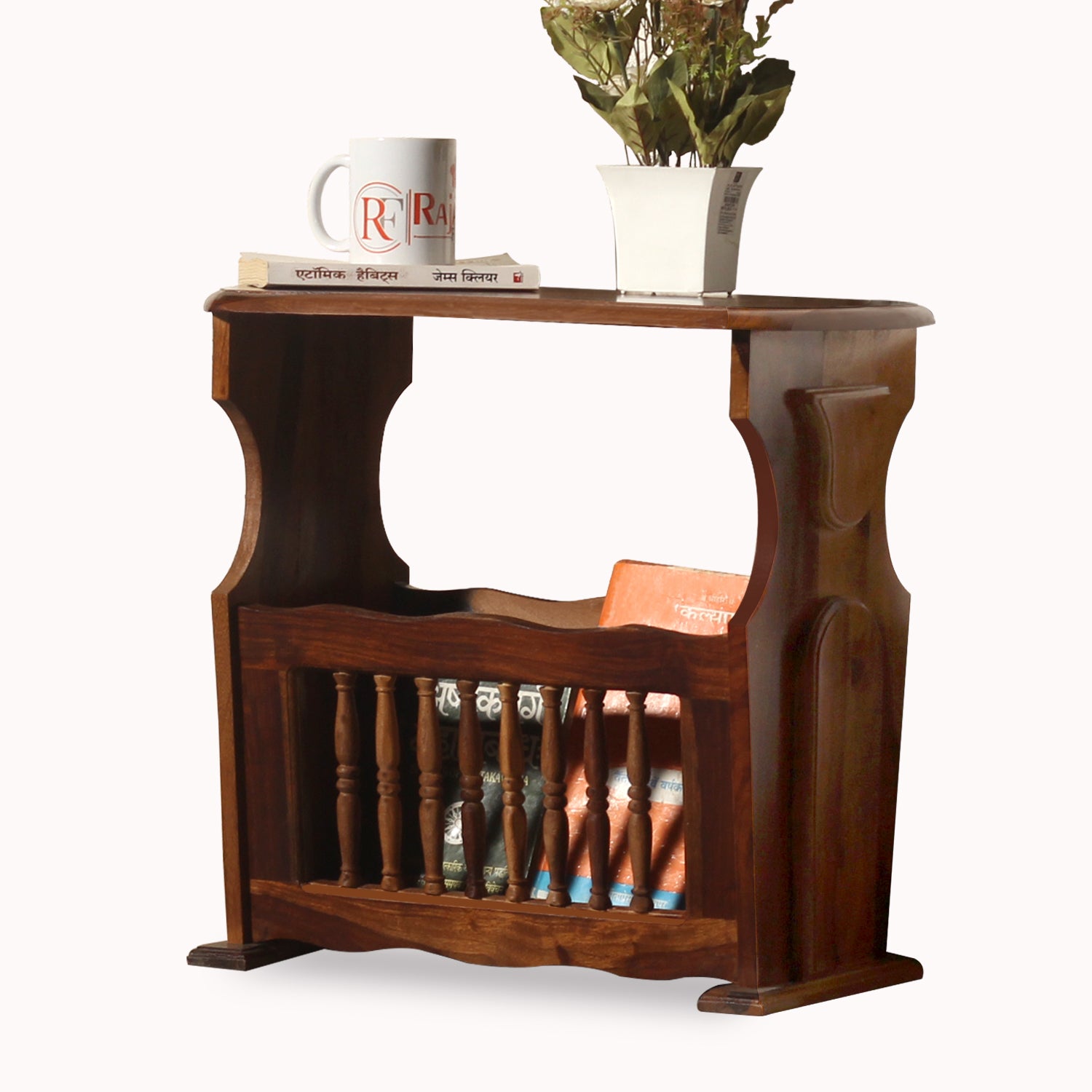 Solid Wood Gule Floor Mounted Magazine Stand cum Side Table in Natural Finish - Rajasthali Furniture 