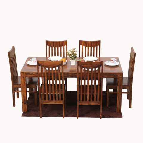 Flora Solid Sheesham Wood Six Seat Dining Table Set in Natural Finish - Rajasthali Furniture 