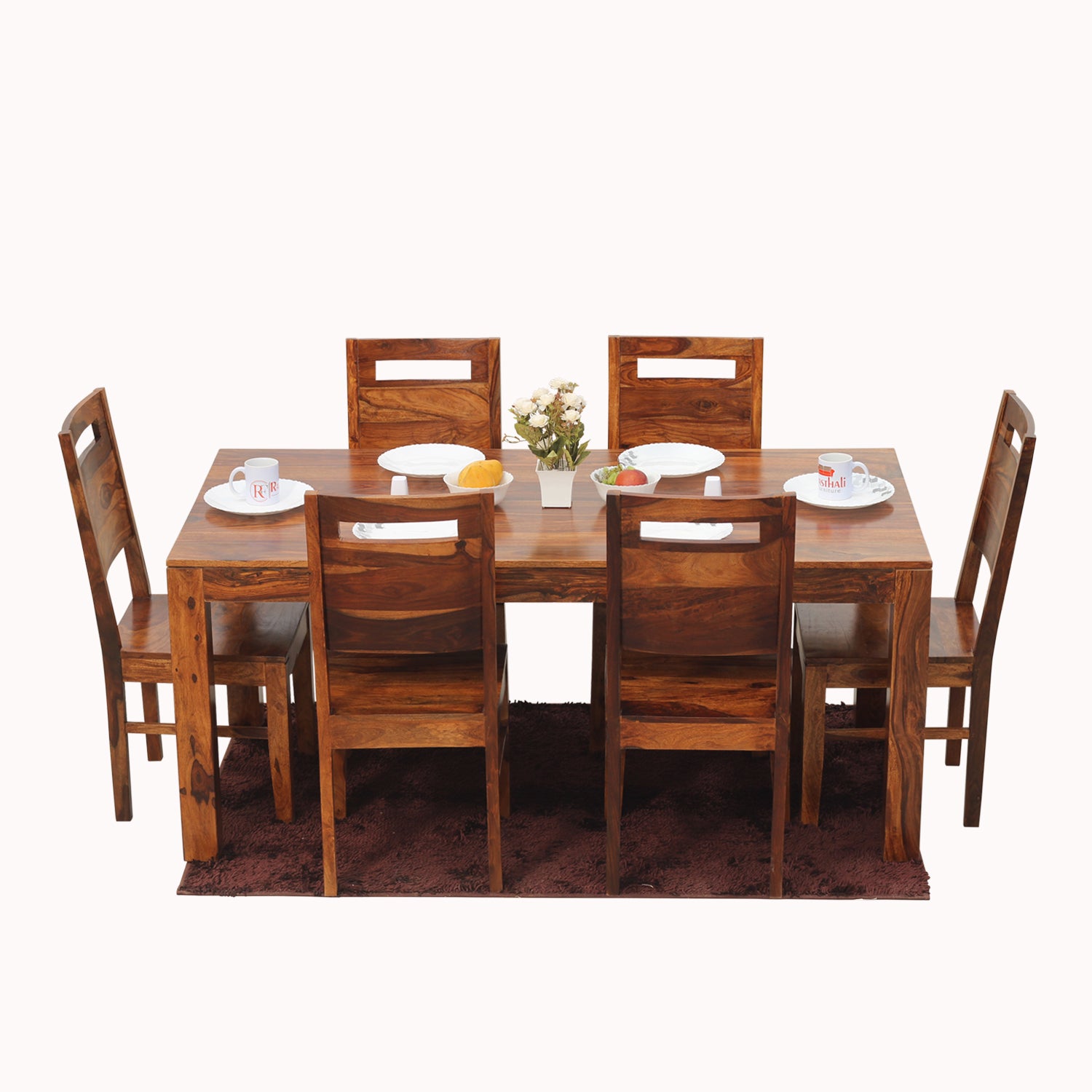 Rosa Solid Sheesham Wood Six Seat Dining Table Set in Natural Finish - Rajasthali Furniture 