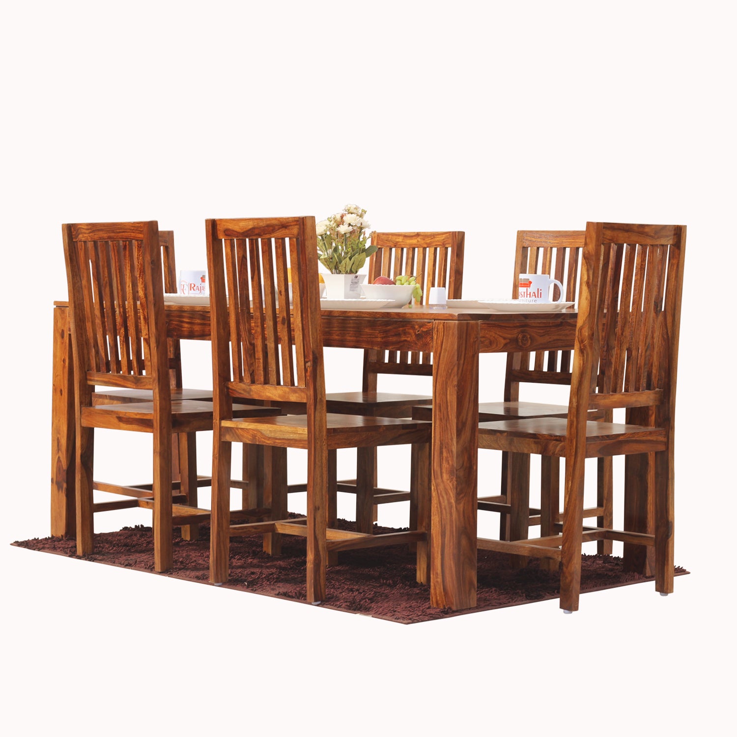 Samoa Solid Sheesham Wood Six Seat Dining Table set in Natural Finish - Rajasthali Furniture 