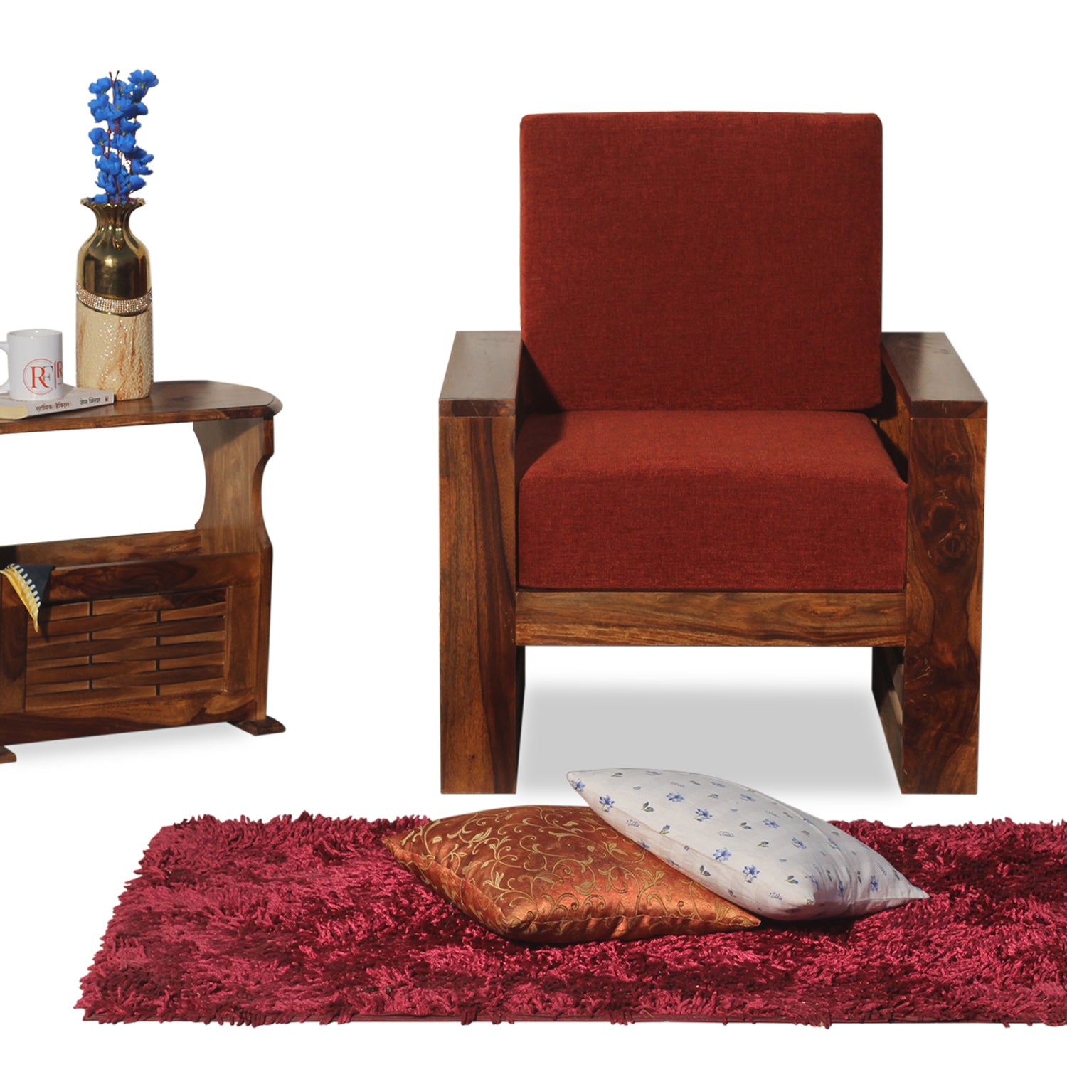 Seam Solid Wood Single Seat Sofa Set In Honey Oak Finished - Rajasthali Furniture 