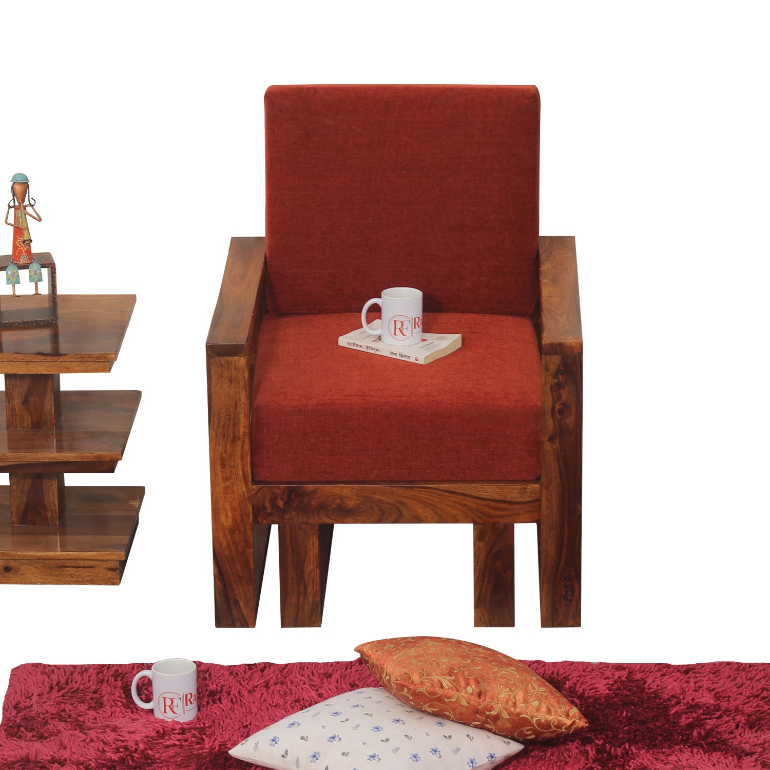 Cucus Double Leg Solid Wood Single Seat Sofa Set In Honey Oak Finished - Rajasthali Furniture 