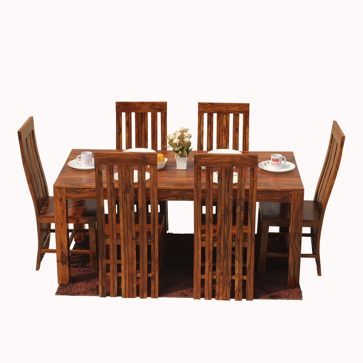 Poppy Solid Sheesham Wood Six Seat Dining Table Set in Natural Finish - Rajasthali Furniture 