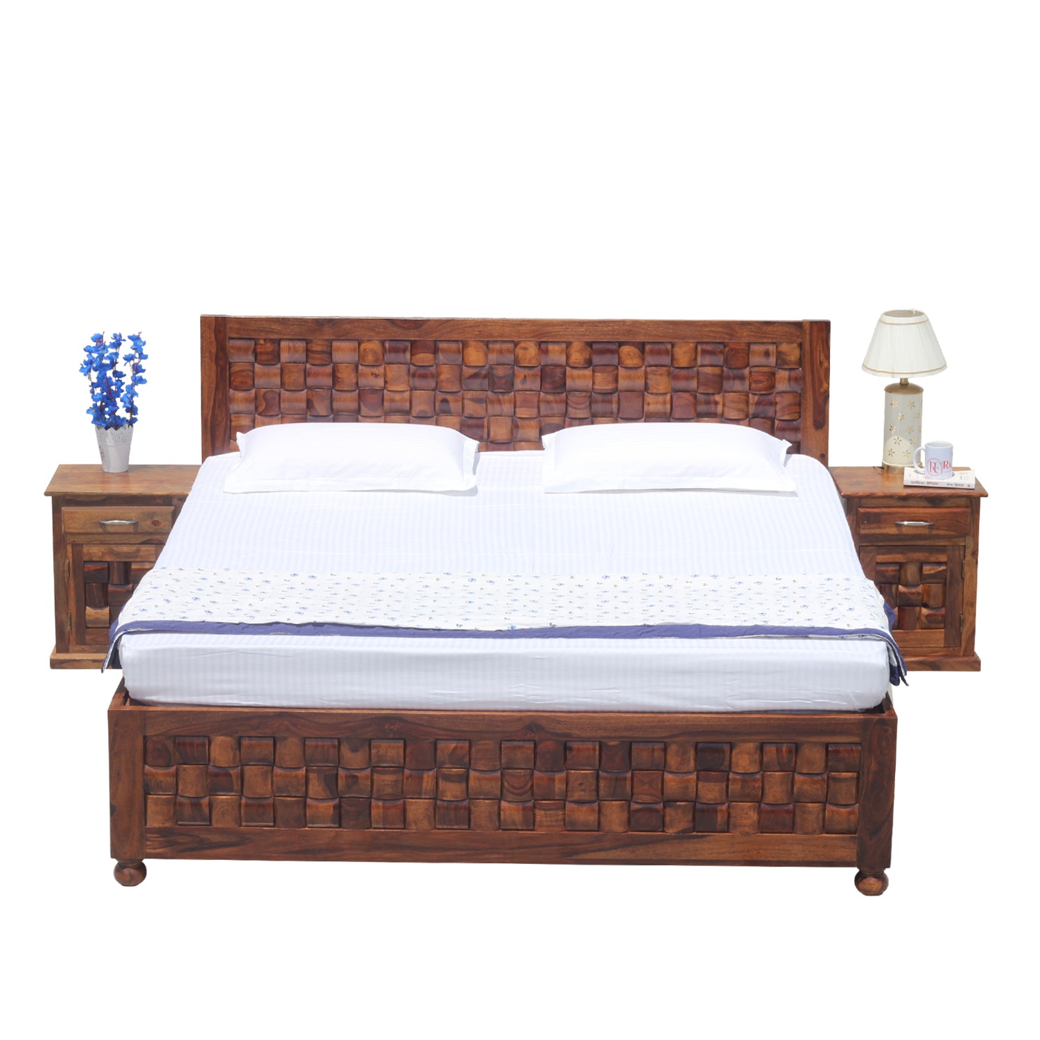 Solid Wood Niwar King Size Double Bed with Legs and Box Storage in Natural Finish With Two Bedside - Rajasthali Furniture 