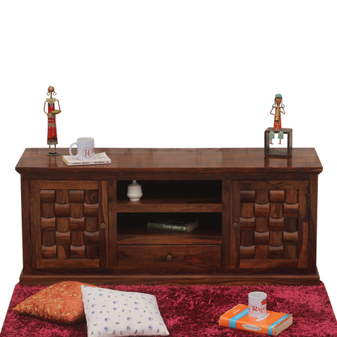 Xiomara Two Door with one center drawer wooden LCD cabinet in honey oak finish - Rajasthali Furniture 