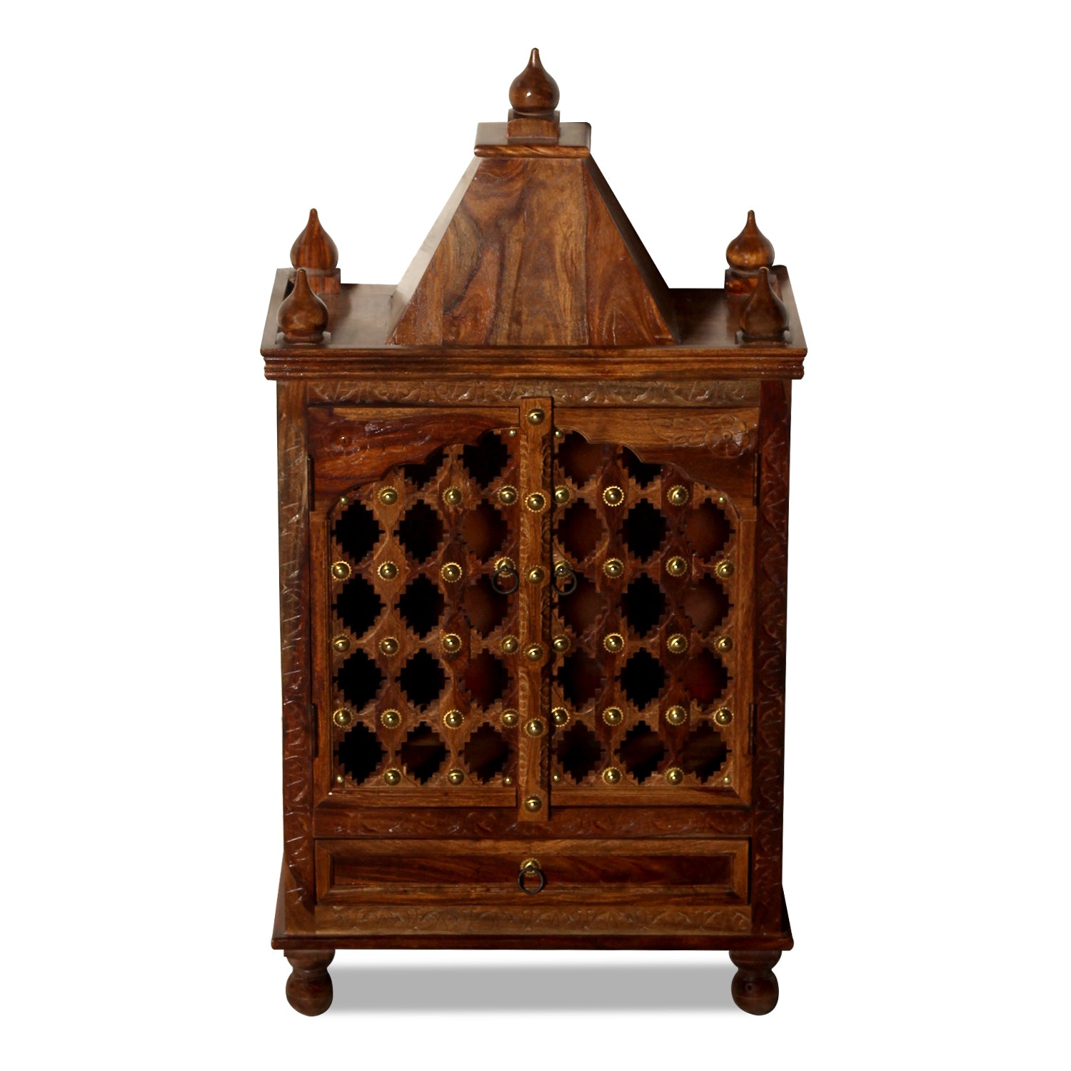 Jamini Solid Wood Double Door and One Drawer Mandir in Honey Oak Finish - Rajasthali Furniture 