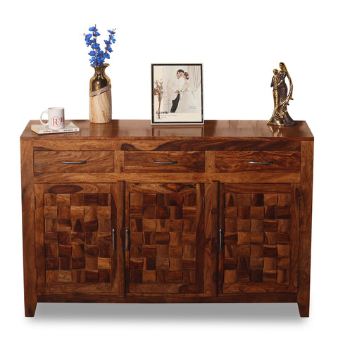 Solid Wood Three Door and Three Drawer Niwar Sideboard in natural Finish - Rajasthali Furniture 