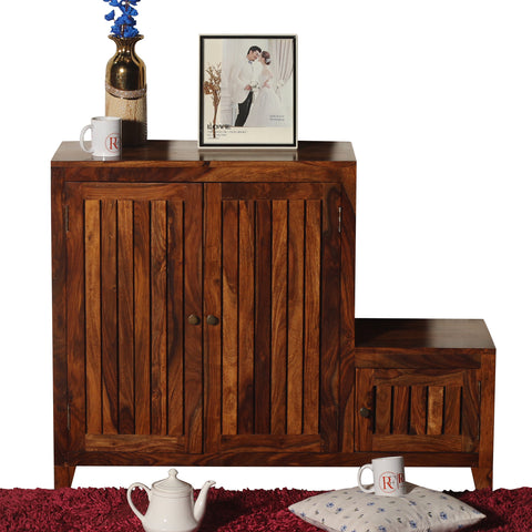 Frill Solid Wood Shoe Rack with Sitting Space in Honey Oak finish - Rajasthali Furniture 