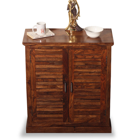 Haze Solid Sheesham Wood Floor Mounted Two Door Shoe Rack in Honey Oak Finish - Rajasthali Furniture 