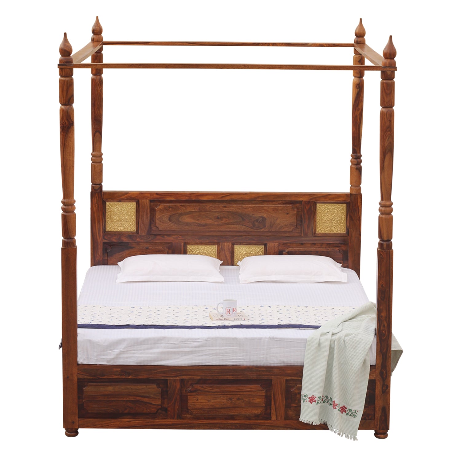 Solid Sheesham Wood King Size Four Poster Bed with Box Storage in Natural Finish - Rajasthali Furniture 