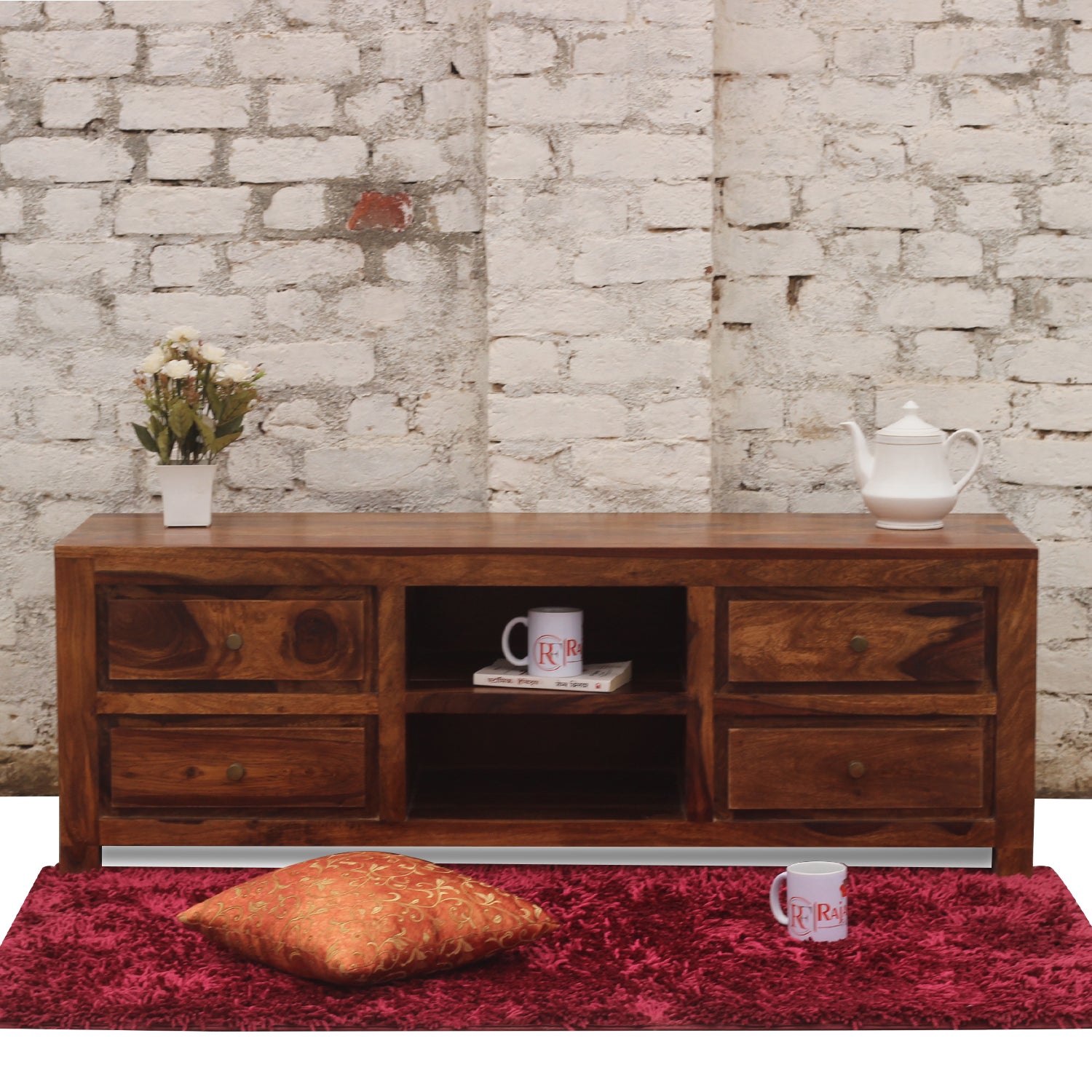 Meloni Four Drawer with One Center Shelf Wooden LCD Cabinet in Honey Oak Finish - Rajasthali Furniture 