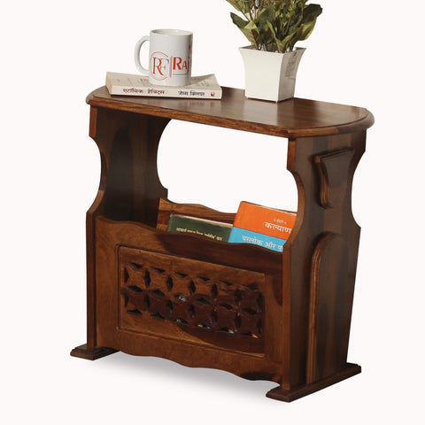 Solid Wood Star Design Magazine Stand cum Side Table in natural Finish - Rajasthali Furniture 