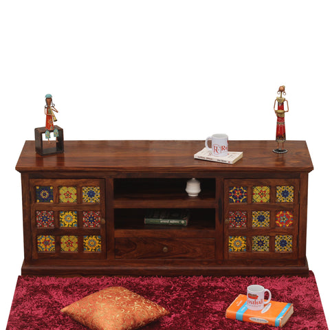 Lazio Two Door with One Center Drawer Wooden LCD Cabinet in Honey oak Finish - Rajasthali Furniture 