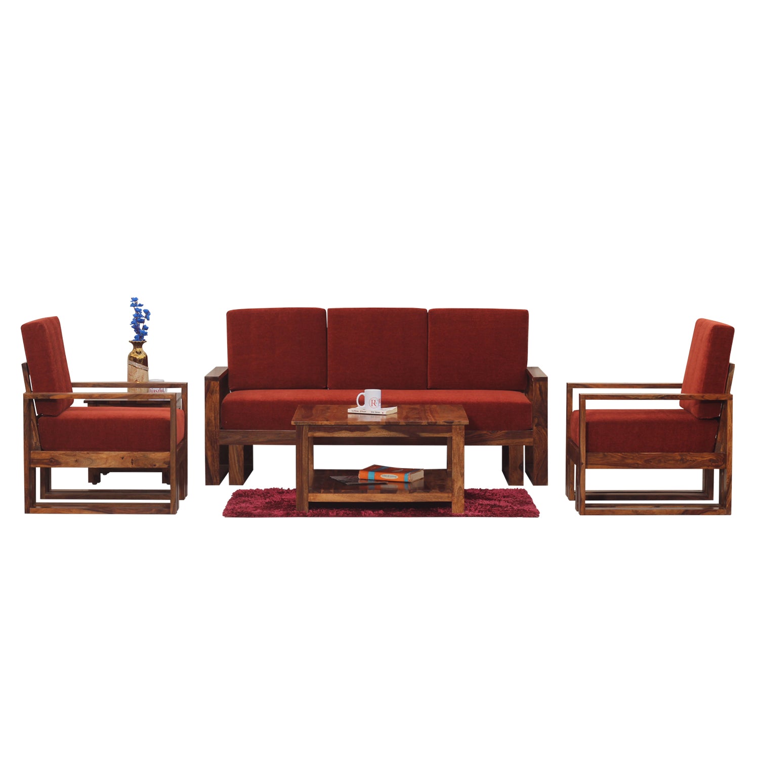 Cucus Double Leg Solid Wood Five Seat Sofa Set (3+1+1) In Honey Oak Finished - Rajasthali Furniture 